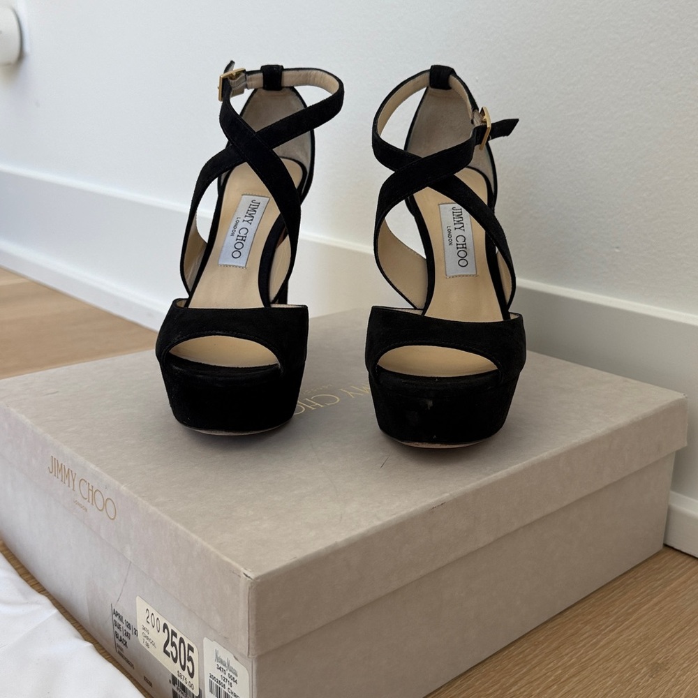 Jimmy Choo Black Suede Platform Heels 7.5 - Picture 11 of 12